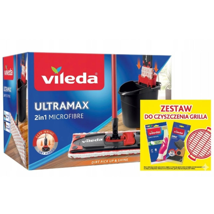 Set met Ultramax-vlakmop + Universal-handschoenen + 2 Glitzi-schuursponsjes van Vileda, Contactloos uitperssysteem, Twee soorten vezels, 177453