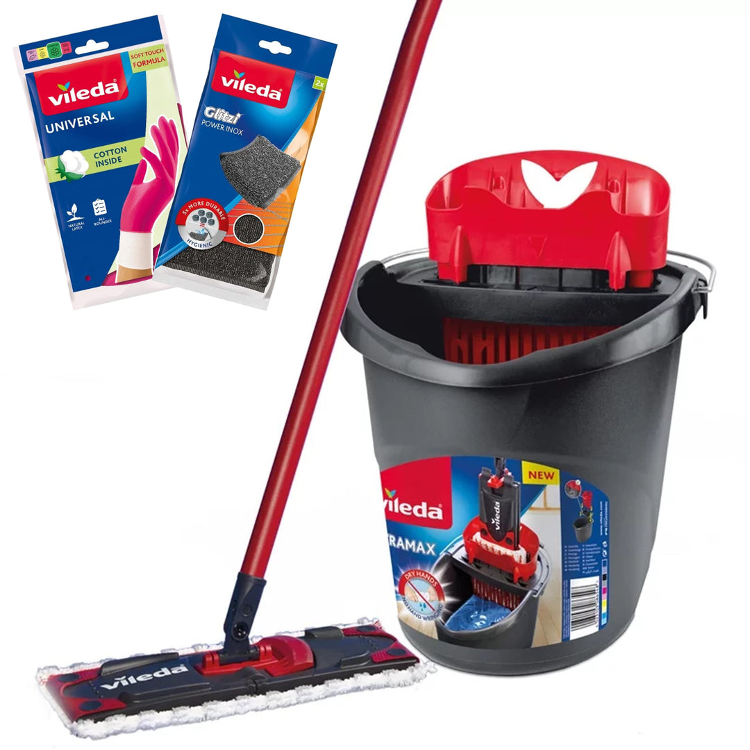 Set met Ultramax-vlakmop + Universal-handschoenen + 2 Glitzi-schuursponsjes van Vileda, Contactloos uitperssysteem, Twee soorten vezels, 177453