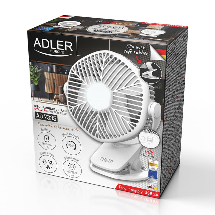 5"/12,7 cm accuventilator met clip - USB / LED, AD 7335, Adler