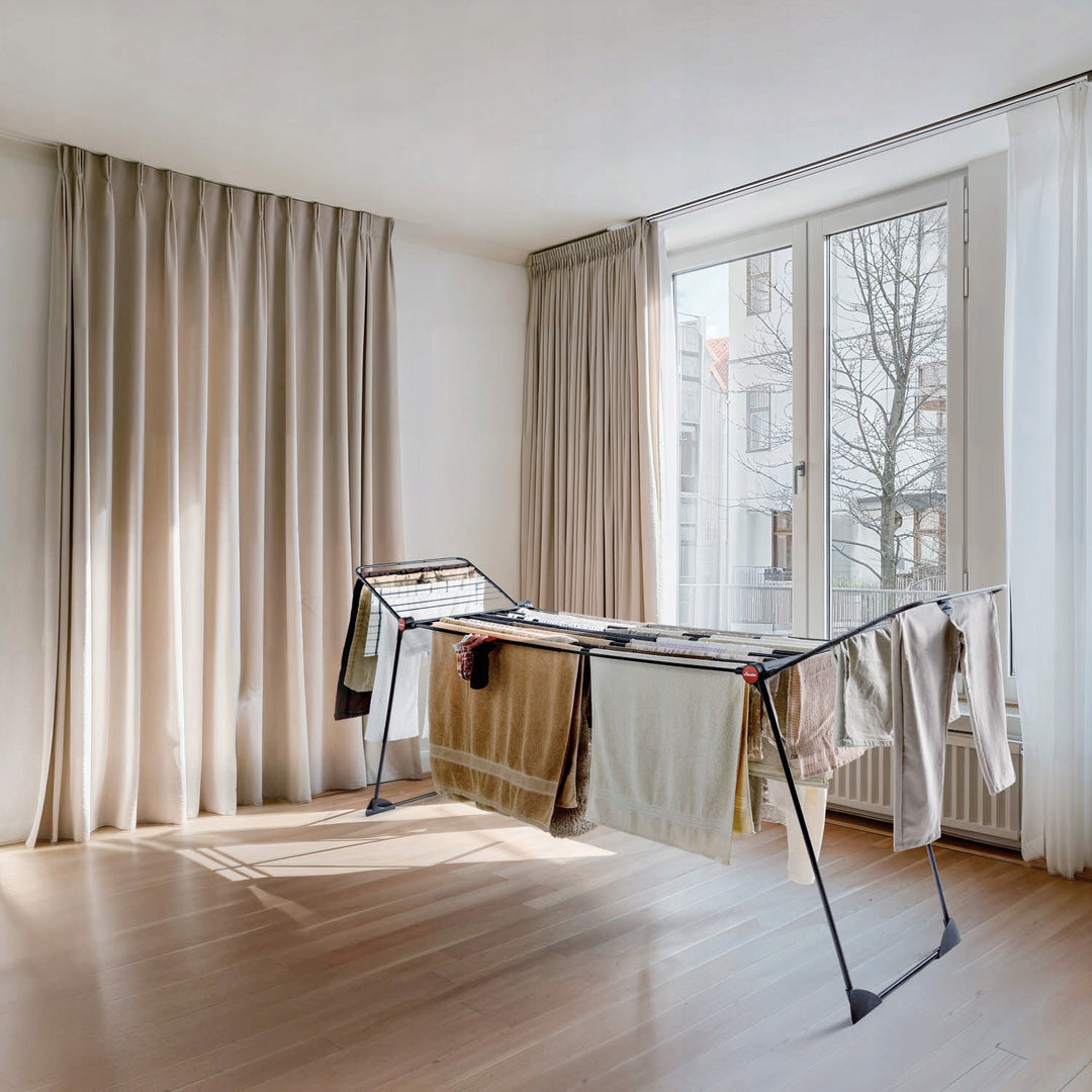 Vileda Infinity Flex Ultimate wasdroger, kleur zwart, tot 30 m droogoppervlak, uitschuifbaar, verhoogd frame, wasgoedhaken, ingebouwde wieltjes, 179620