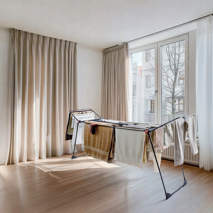 Vileda Infinity Flex Ultimate wasdroger, kleur zwart, tot 30 m droogoppervlak, uitschuifbaar, verhoogd frame, wasgoedhaken, ingebouwde wieltjes, 179620