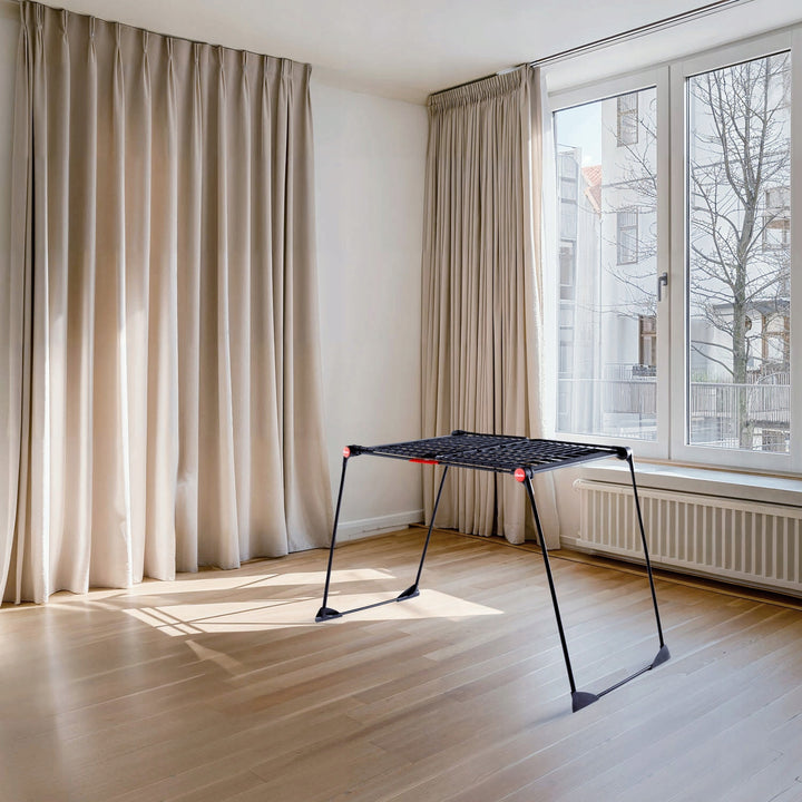 Vileda Infinity Flex Ultimate wasdroger, kleur zwart, tot 30 m droogoppervlak, uitschuifbaar, verhoogd frame, wasgoedhaken, ingebouwde wieltjes, 179620