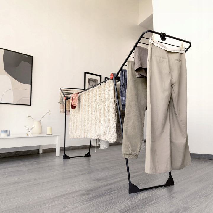 Vileda Infinity Flex Ultimate wasdroger, kleur zwart, tot 30 m droogoppervlak, uitschuifbaar, verhoogd frame, wasgoedhaken, ingebouwde wieltjes, 179620