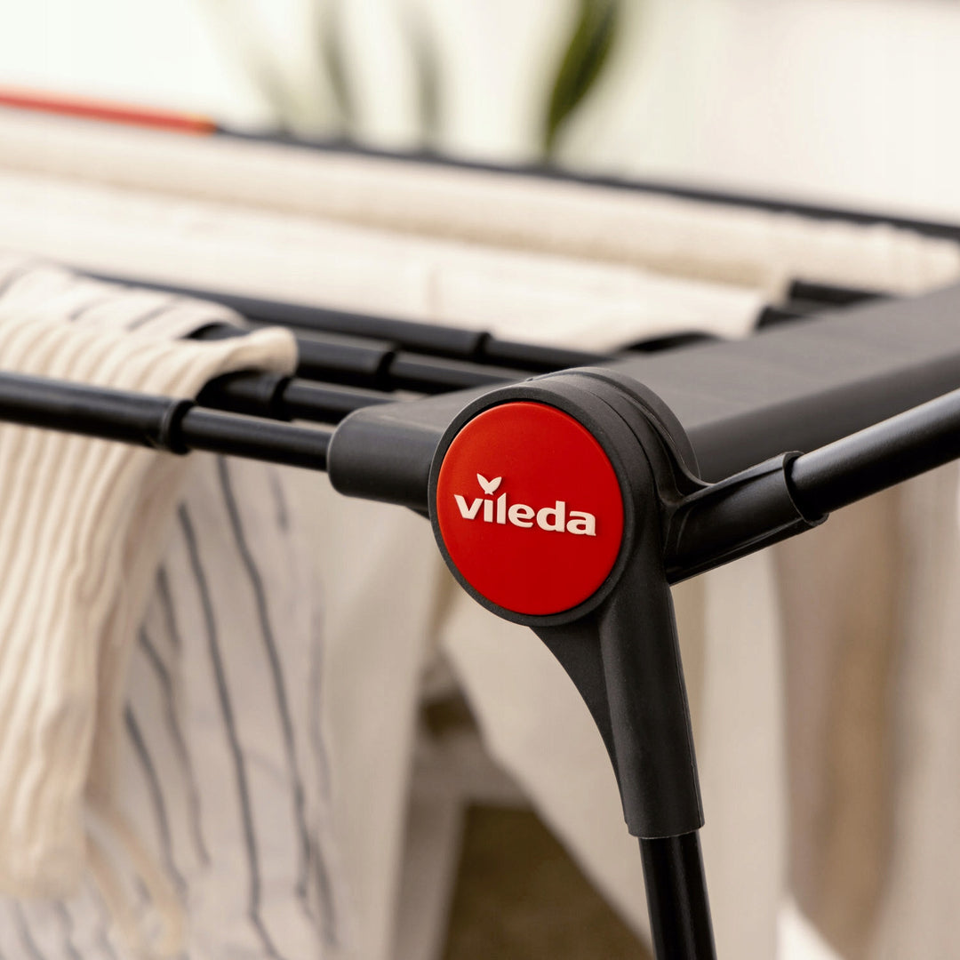 Vileda Infinity Flex Ultimate wasdroger, kleur zwart, tot 30 m droogoppervlak, uitschuifbaar, verhoogd frame, wasgoedhaken, ingebouwde wieltjes, 179620
