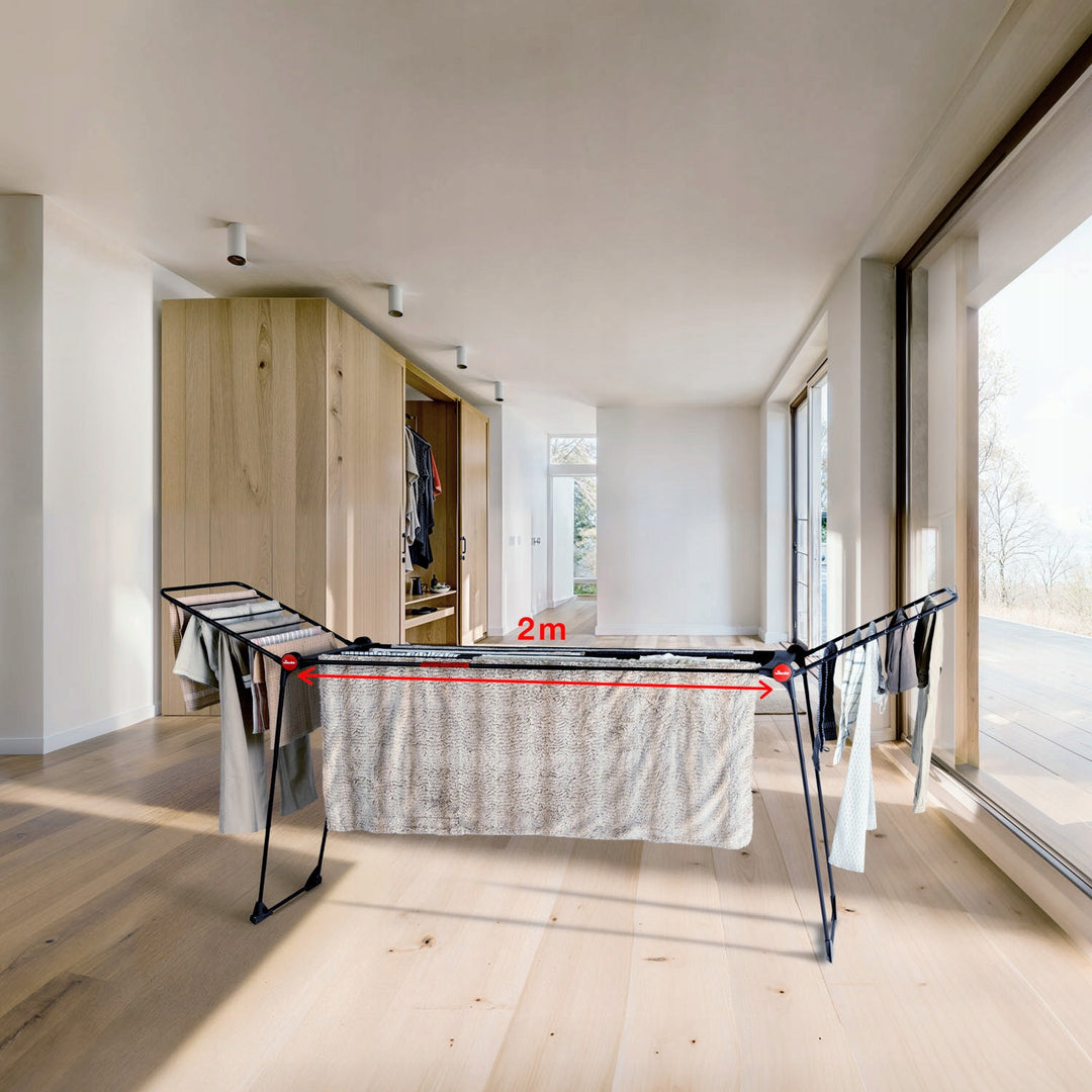 Vileda Infinity Flex Ultimate wasdroger, kleur zwart, tot 30 m droogoppervlak, uitschuifbaar, verhoogd frame, wasgoedhaken, ingebouwde wieltjes, 179620