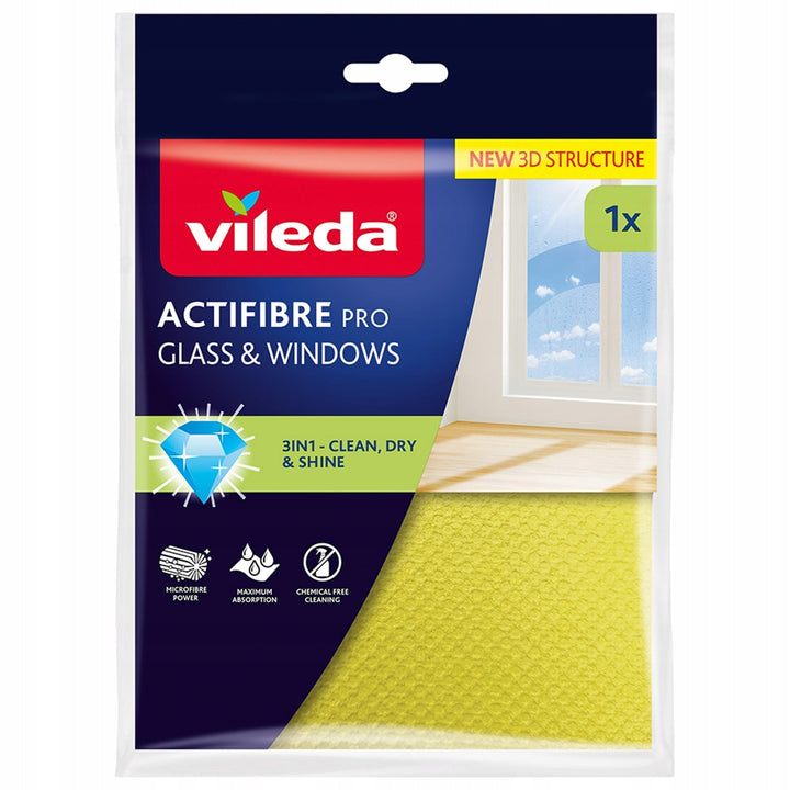 Vileda Actifibre Pro-doekje voor glas en ramen, machinewasbaar, PVA-coating, zonder strepen en druppels, reinigt met alleen water, 183298