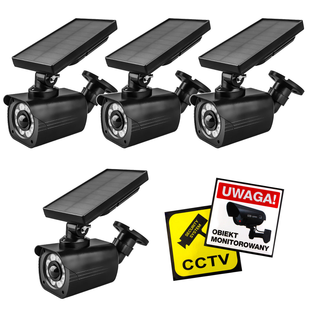 Zonne-energie-imitatiecamera, knipperende LED, bewegingssensor, LED-verlichting, stickers inbegrepen, SOL1800S/B, 4 stuks