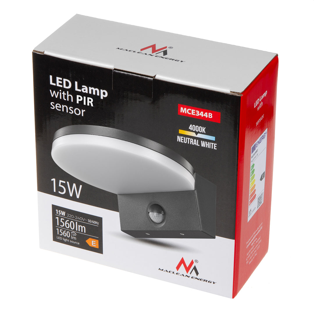 Maclean LED-lamp met bewegingssensor, PIR-bewegingssensor, kleur: zwart, 15 W, IP65, 1560 lm, neutraal wit (4000 K) MCE344 B, 2 stuks