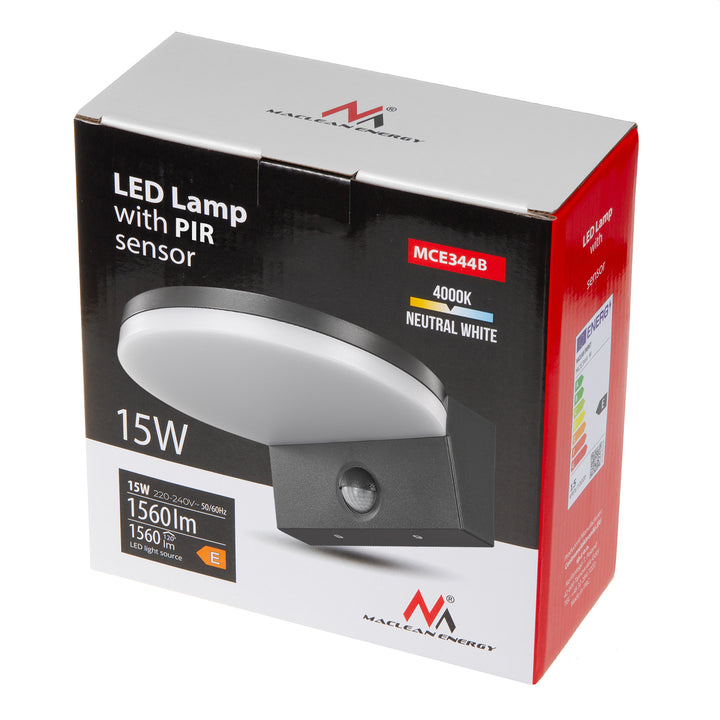 Maclean LED-lamp met bewegingssensor, PIR-bewegingssensor, kleur: zwart, 15 W, IP65, 1560 lm, neutraal wit (4000 K) MCE344 B, 2 stuks