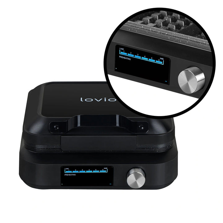 LOVIO PerfectCrisp-wafelijzer, 2 grote wafels, 1500 W, 6 bakstanden, LVWF002BK