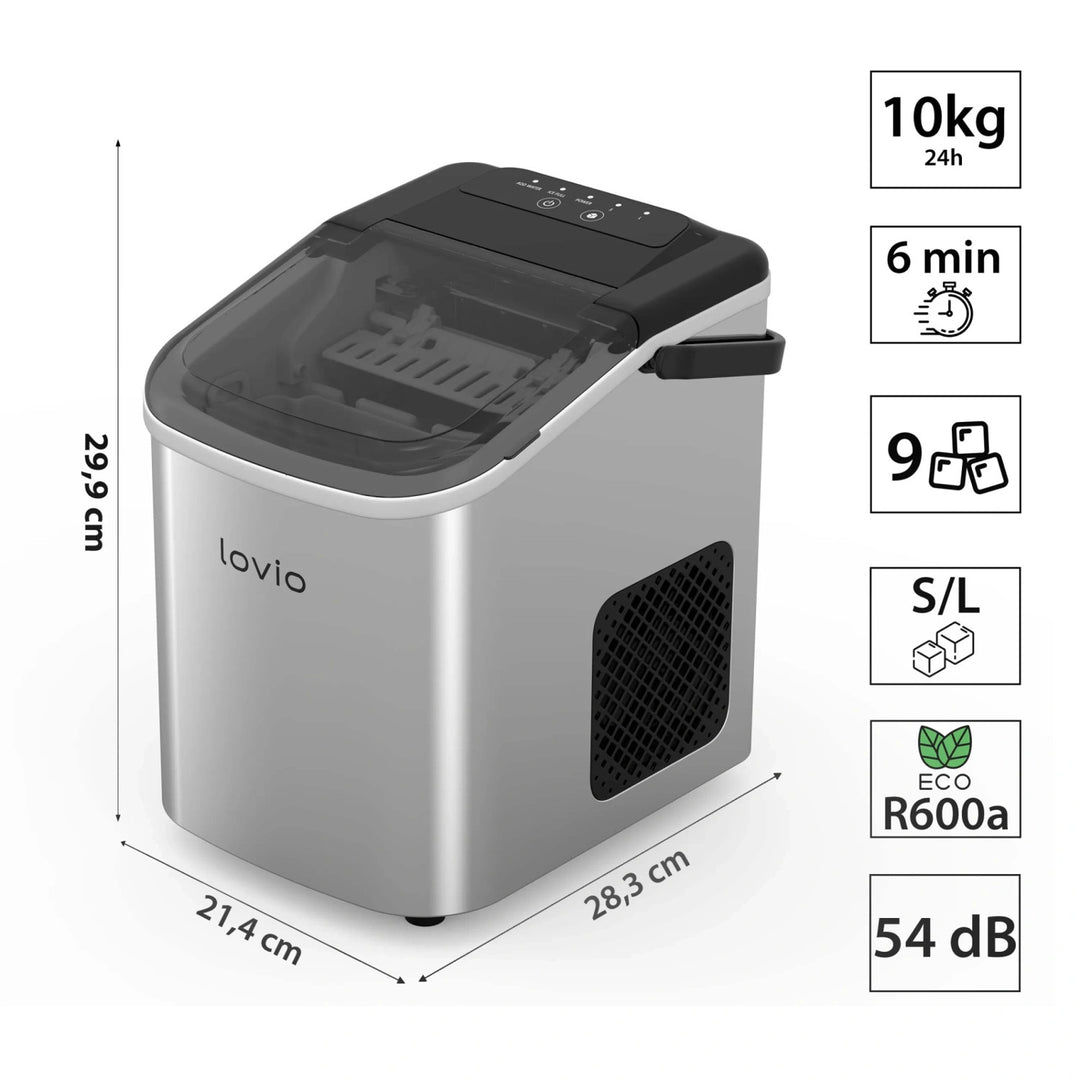 Lovio Crystal Ice ijsblokjesmachine voor thuisgebruik, roestvrij staal, zilverkleurig, snel ijs