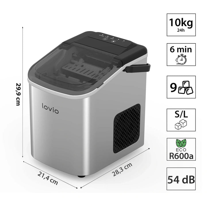 Lovio Crystal Ice ijsblokjesmachine voor thuisgebruik, roestvrij staal, zilverkleurig, snel ijs