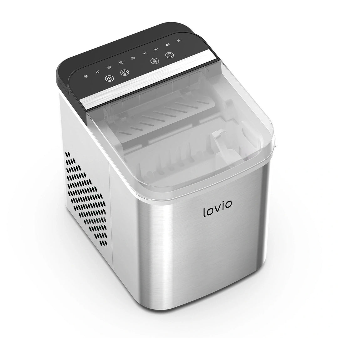 Lovio Crystal Ice Plus ijsblokjesmachine voor thuisgebruik, roestvrij staal, zilverkleurig, snel ijs