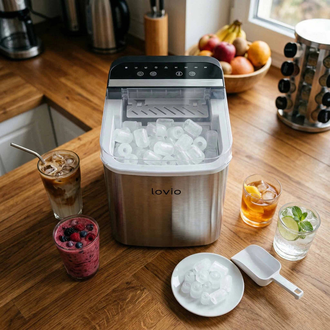 Lovio Crystal Ice Plus ijsblokjesmachine voor thuisgebruik, roestvrij staal, zilverkleurig, snel ijs