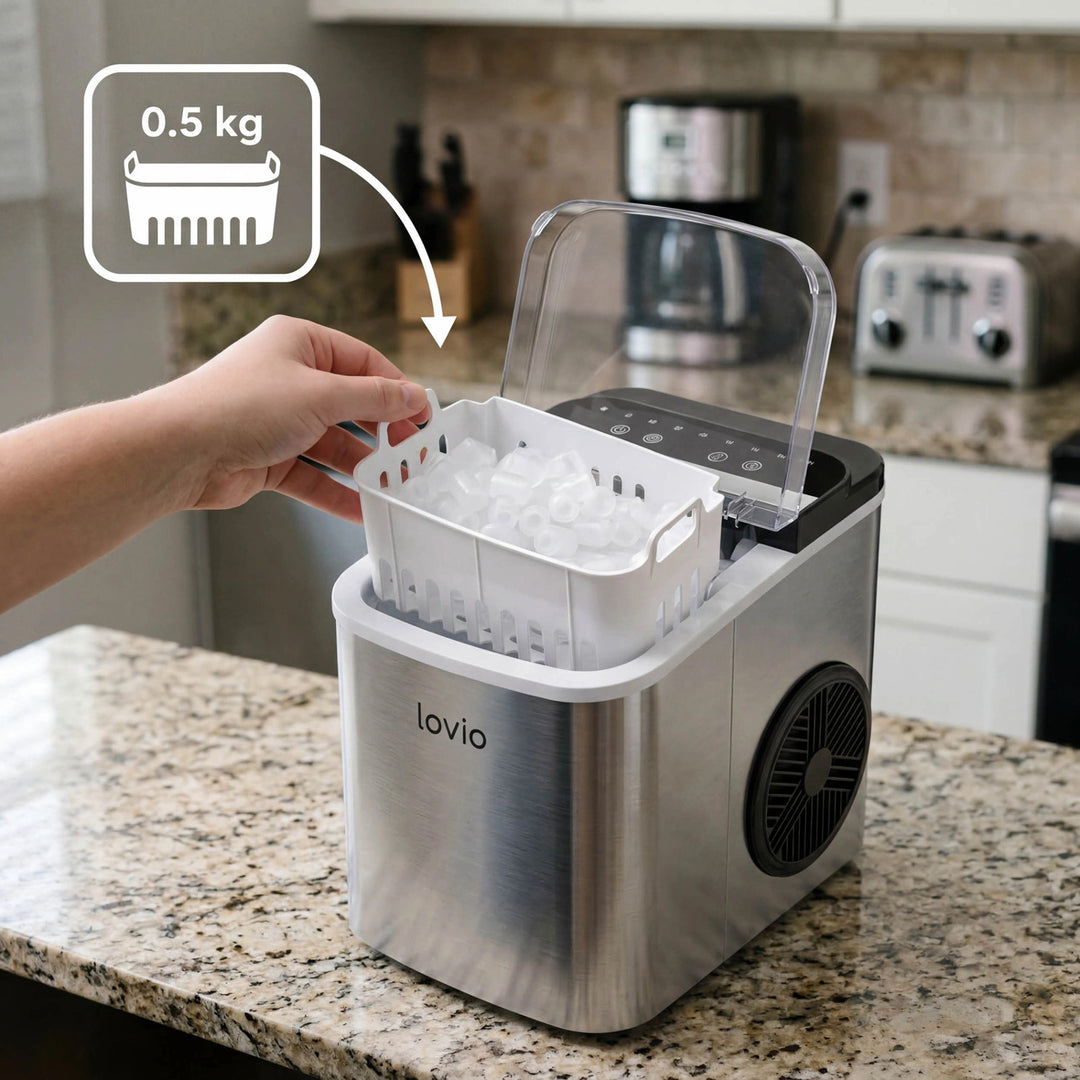 Lovio Crystal Ice Plus ijsblokjesmachine voor thuisgebruik, roestvrij staal, zilverkleurig, snel ijs