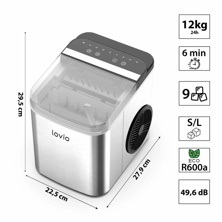 Lovio Crystal Ice Plus ijsblokjesmachine voor thuisgebruik, roestvrij staal, zilverkleurig, snel ijs