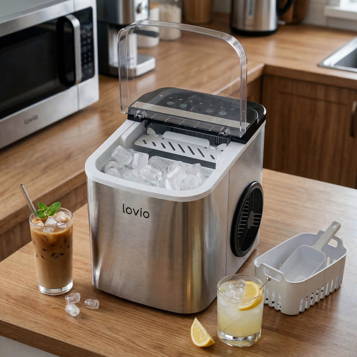 Lovio Crystal Ice Plus ijsblokjesmachine voor thuisgebruik, roestvrij staal, zilverkleurig, snel ijs