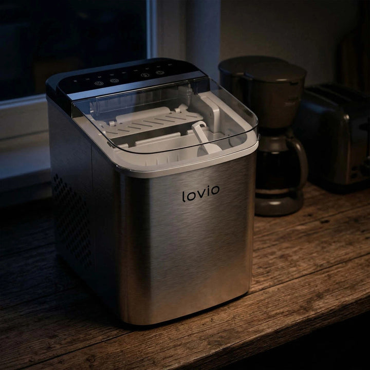 Lovio Crystal Ice Plus ijsblokjesmachine voor thuisgebruik, roestvrij staal, zilverkleurig, snel ijs