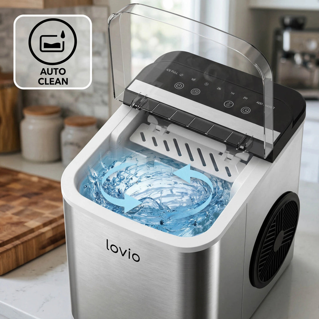Lovio Crystal Ice Plus ijsblokjesmachine voor thuisgebruik, roestvrij staal, zilverkleurig, snel ijs
