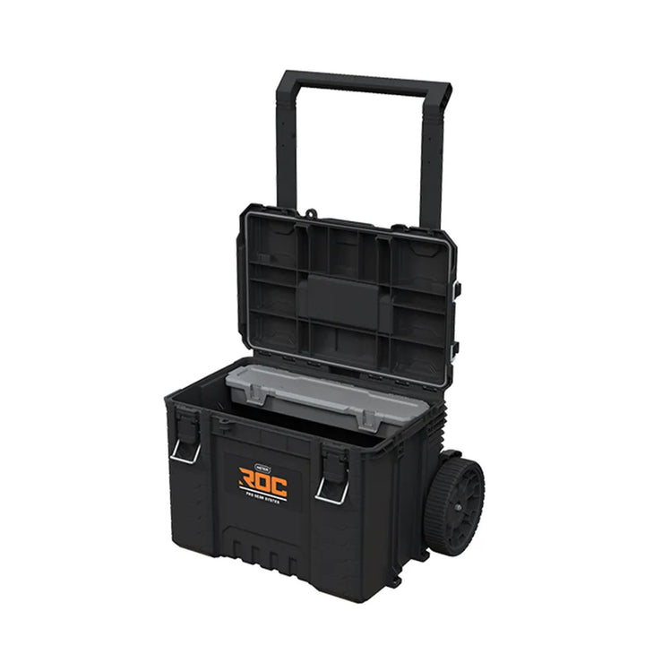 Set van 3 gereedschapskisten Keter ROC Pro Gear 2.0, totale inhoud 110 l, beschermingsklasse IP65, afneembare telescopische handgreep, afsluitbaar met een hangslot, 256982