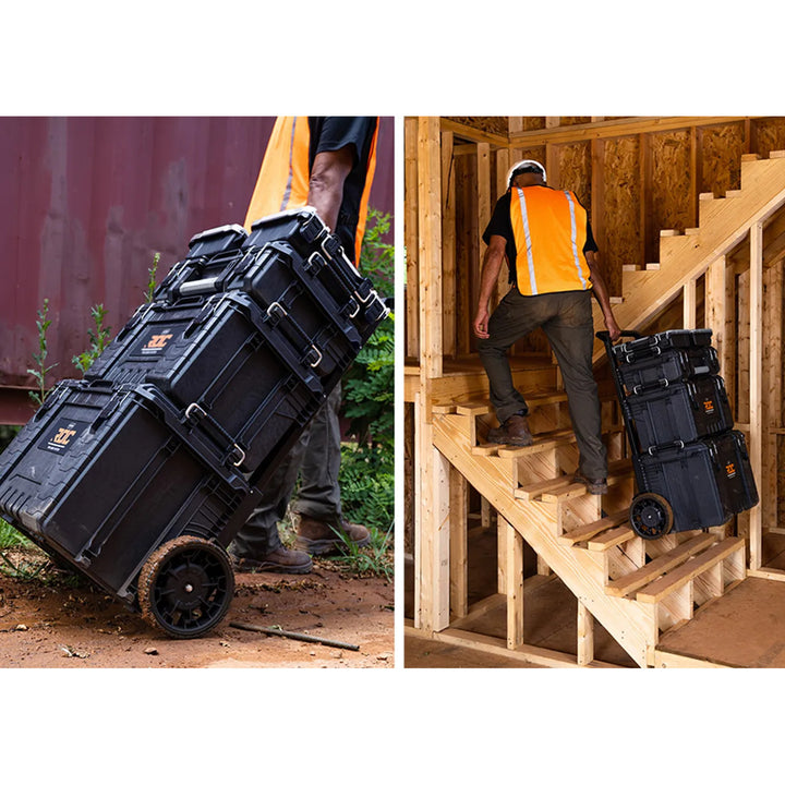 Set van 3 gereedschapskisten Keter ROC Pro Gear 2.0, totale inhoud 110 l, beschermingsklasse IP65, afneembare telescopische handgreep, afsluitbaar met een hangslot, 256982