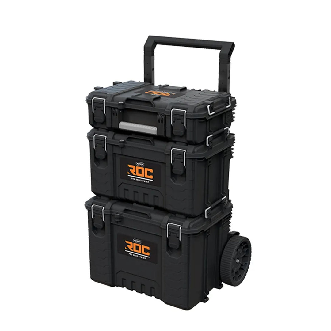Set van 3 gereedschapskisten Keter ROC Pro Gear 2.0, totale inhoud 110 l, beschermingsklasse IP65, afneembare telescopische handgreep, afsluitbaar met een hangslot, 256982