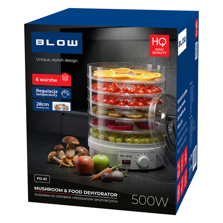 Blow-droger voor paddenstoelen, groenten en fruit, vermogen 500 W, inclusief 6 roosters, temperatuurregeling 35-75 °C, 44-175