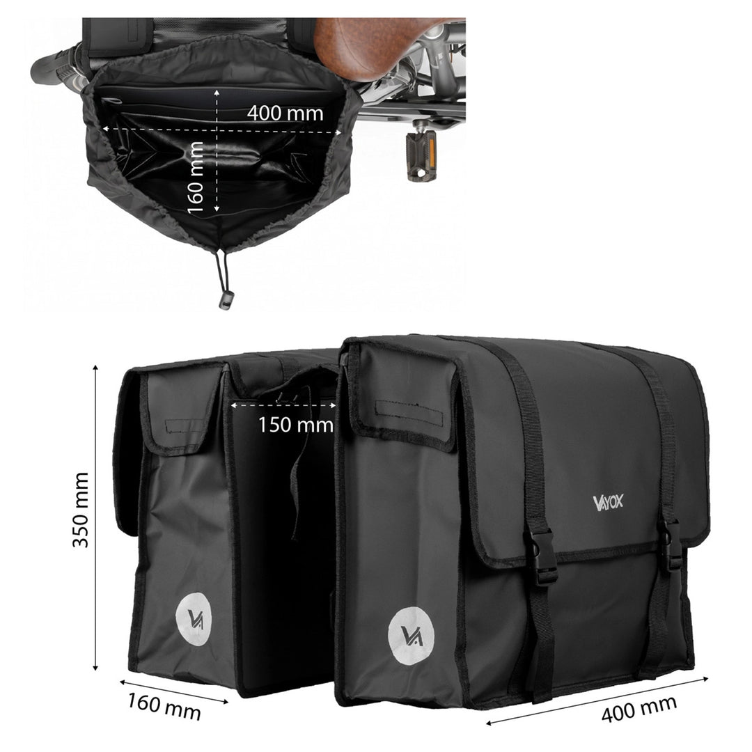 Dubbele PVC-fietstas voor de bagagedrager met handvat, zwart, 40 l, VA0446, Vayox