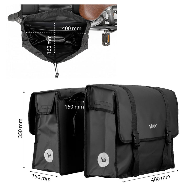 Dubbele PVC-fietstas voor de bagagedrager met handvat, zwart, 40 l, VA0446, Vayox