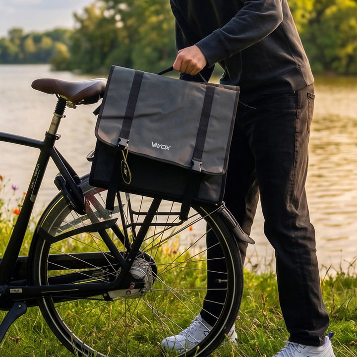 Dubbele PVC-fietstas voor de bagagedrager met handvat, zwart, 40 l, VA0446, Vayox