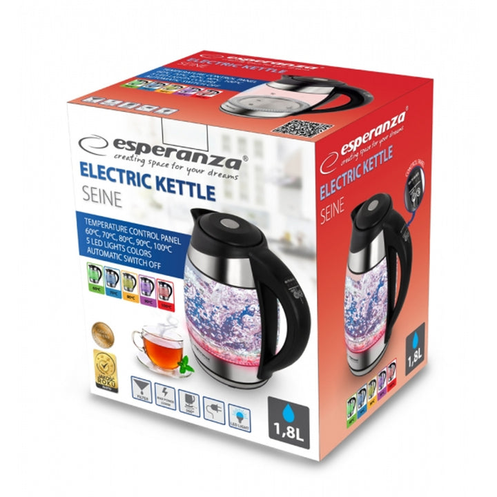 Elektrische waterkoker, van glas, met LED-verlichting en thermostaat, 1,8 l, Esperanza