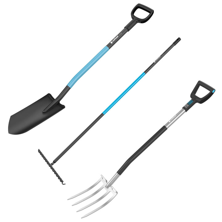 Kwekerij- en drainage-spade CELLPRO + ENERGO-vorken + universele metalen hark CELLPRO, Cellfast
