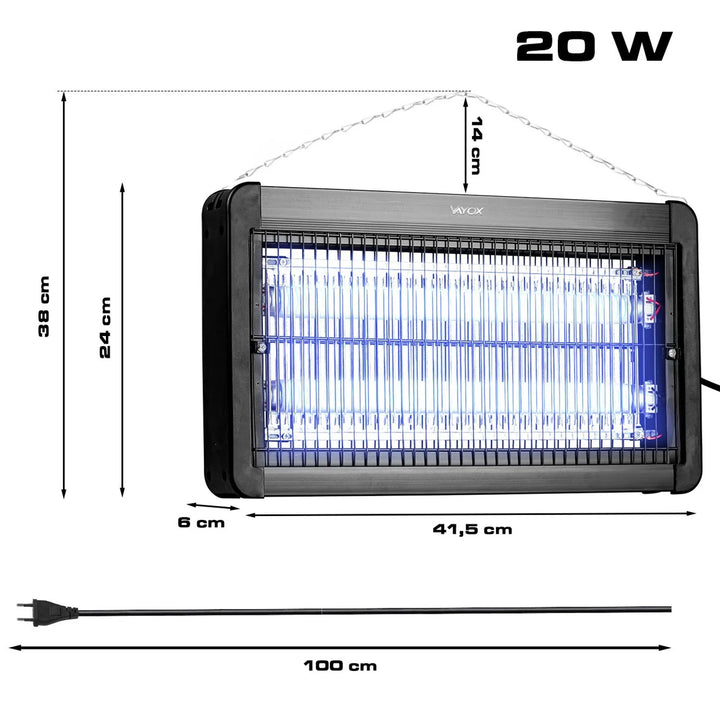 Insectenlamp tegen muggen, vliegen en motten, elektrische val, UV, 20 W, Vayox, 2 stuks