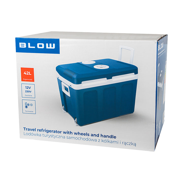 Blow-koelbox voor in de auto, met wieltjes, inhoud 42 l, verwarmingsstand, spanning DC 12 V en AC 100 V-240 V, 44-210