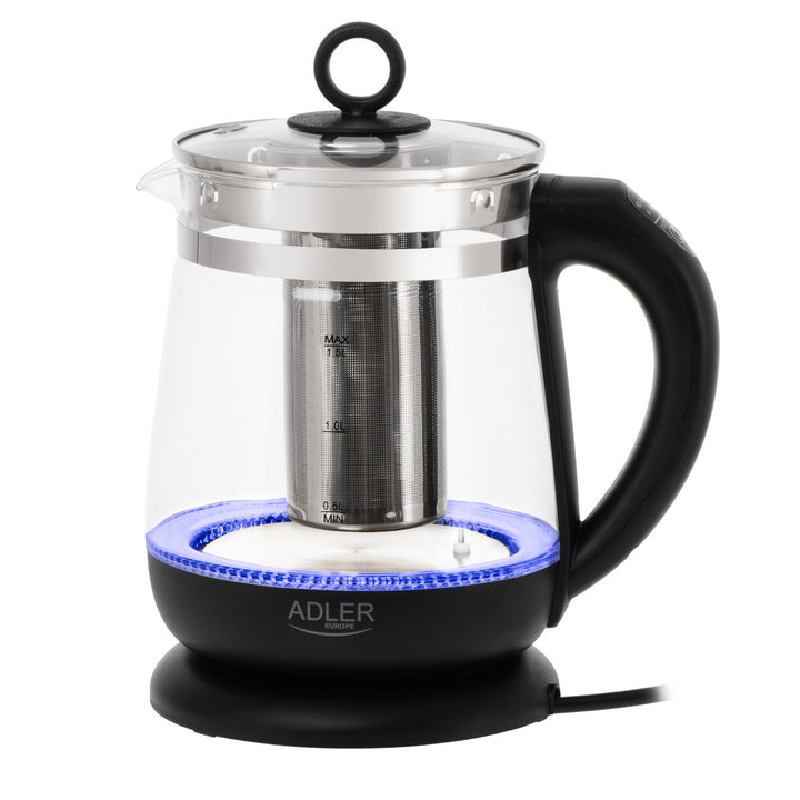 Glazen waterkoker van 1,5 l met thee-ei en temperatuurregeling, 2200 W, LED, 60–100 °C, Adler AD 1299, zwart