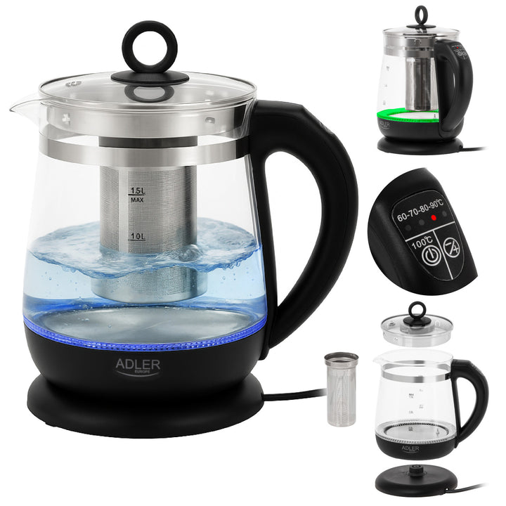 Glazen waterkoker van 1,5 l met thee-ei en temperatuurregeling, 2200 W, LED, 60–100 °C, Adler AD 1299, zwart