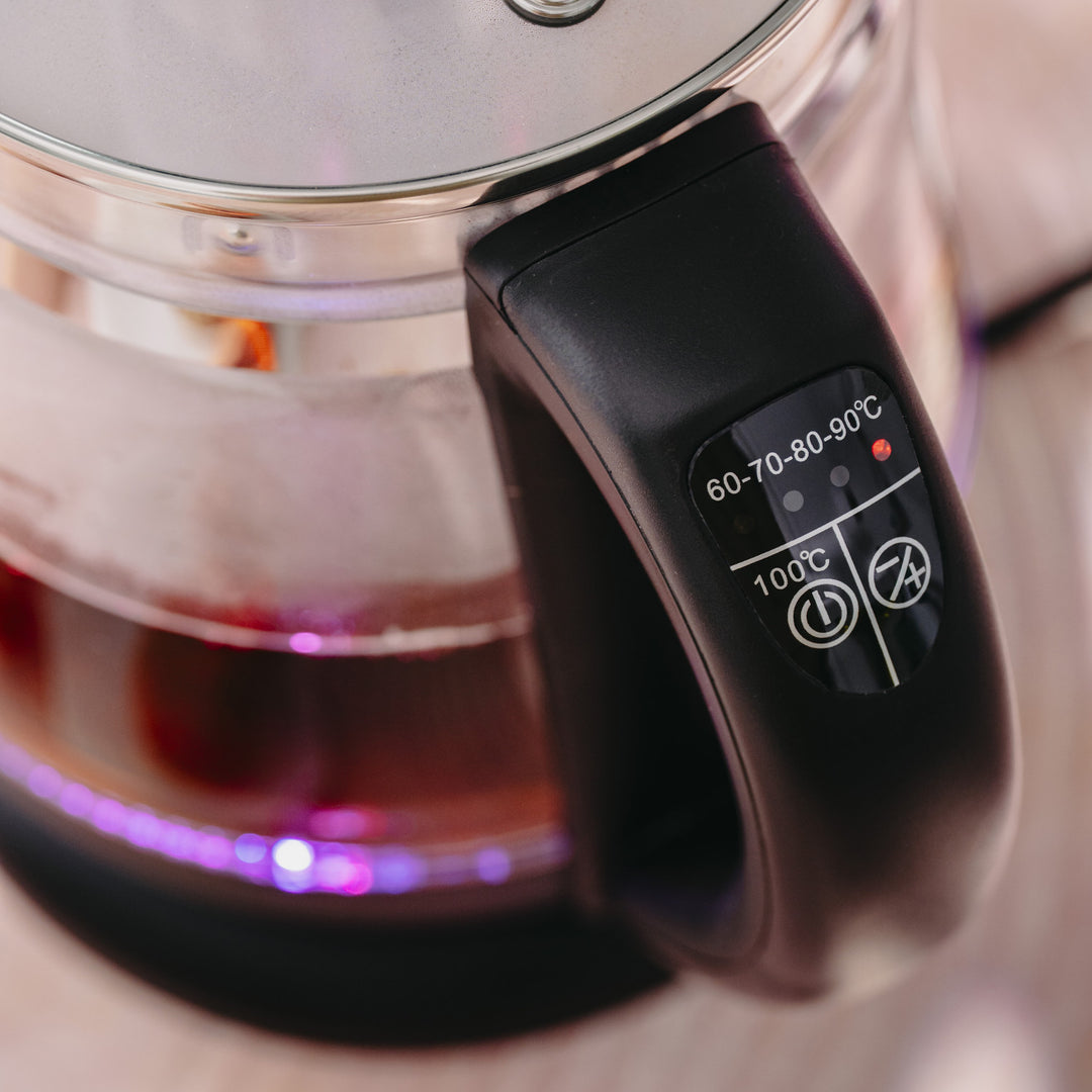 Glazen waterkoker van 1,5 l met thee-ei en temperatuurregeling, 2200 W, LED, 60–100 °C, Adler AD 1299, zwart