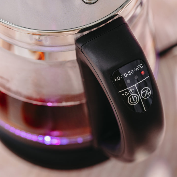 Glazen waterkoker van 1,5 l met thee-ei en temperatuurregeling, 2200 W, LED, 60–100 °C, Adler AD 1299, zwart