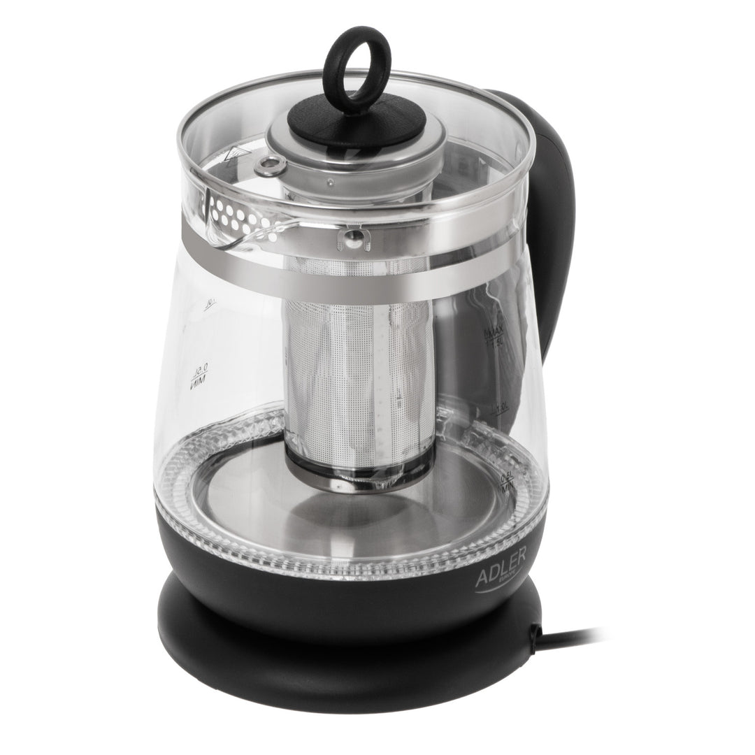 Glazen waterkoker van 1,5 l met thee-ei en temperatuurregeling, 2200 W, LED, 60–100 °C, Adler AD 1299, zwart