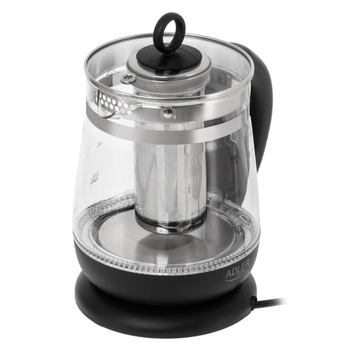 Glazen waterkoker van 1,5 l met thee-ei en temperatuurregeling, 2200 W, LED, 60–100 °C, Adler AD 1299, zwart