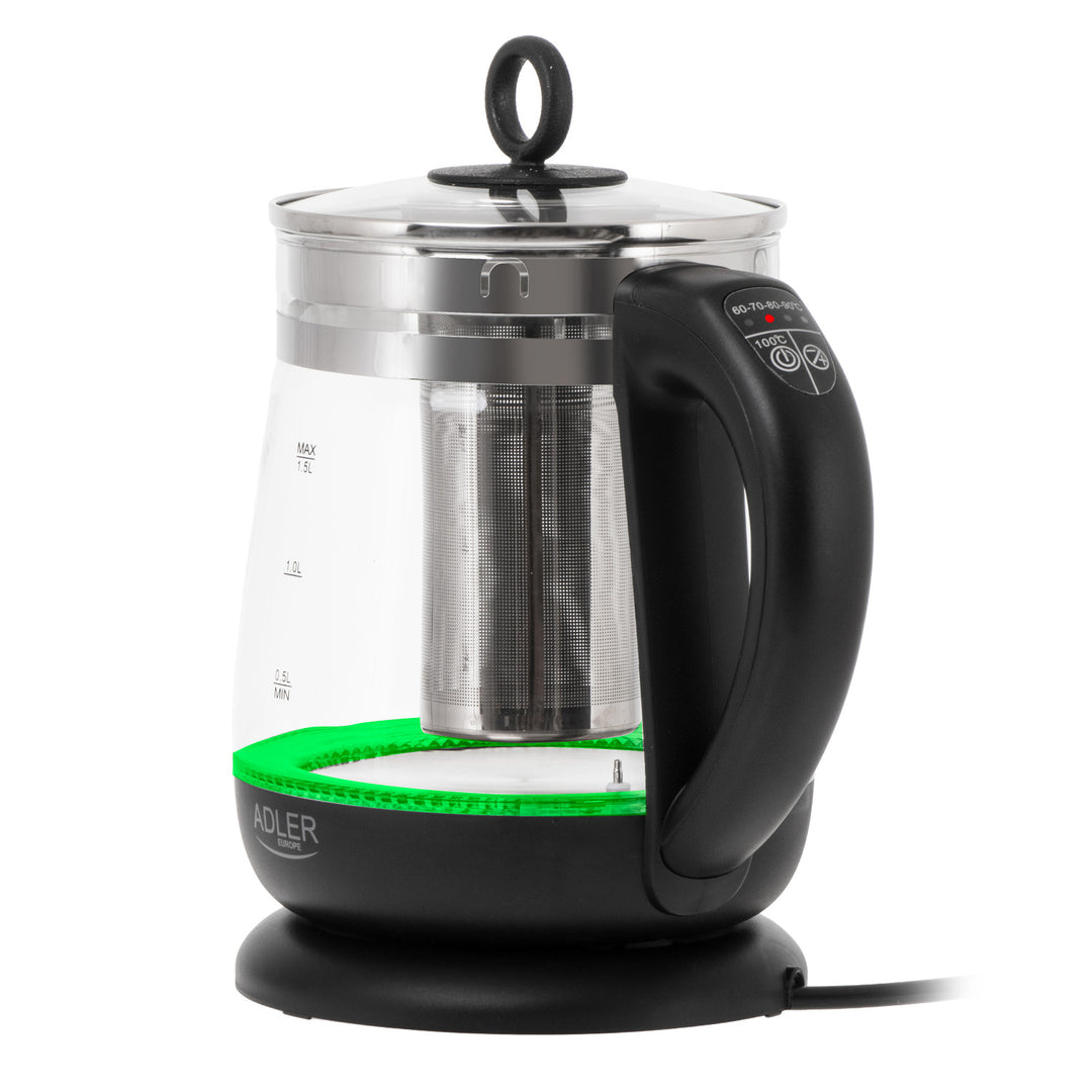Glazen waterkoker van 1,5 l met thee-ei en temperatuurregeling, 2200 W, LED, 60–100 °C, Adler AD 1299, zwart