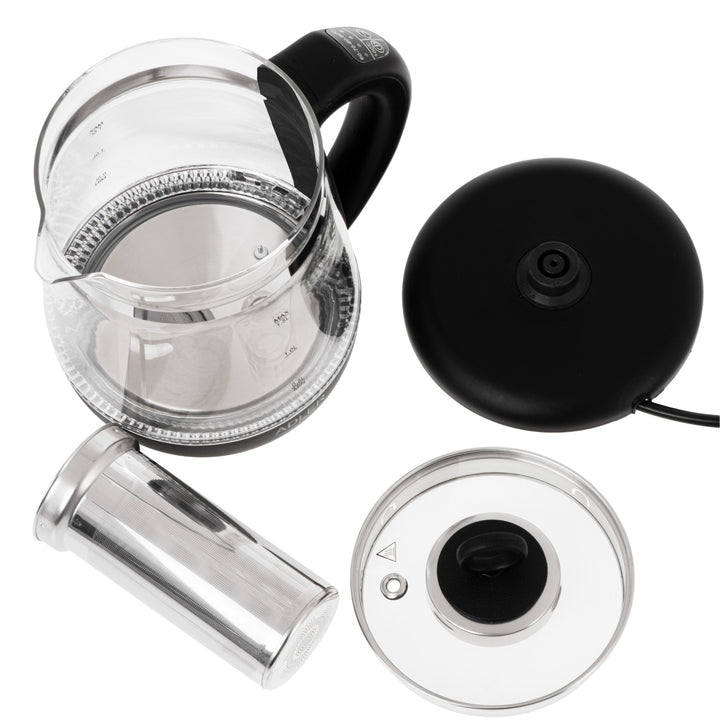 Glazen waterkoker van 1,5 l met thee-ei en temperatuurregeling, 2200 W, LED, 60–100 °C, Adler AD 1299, zwart