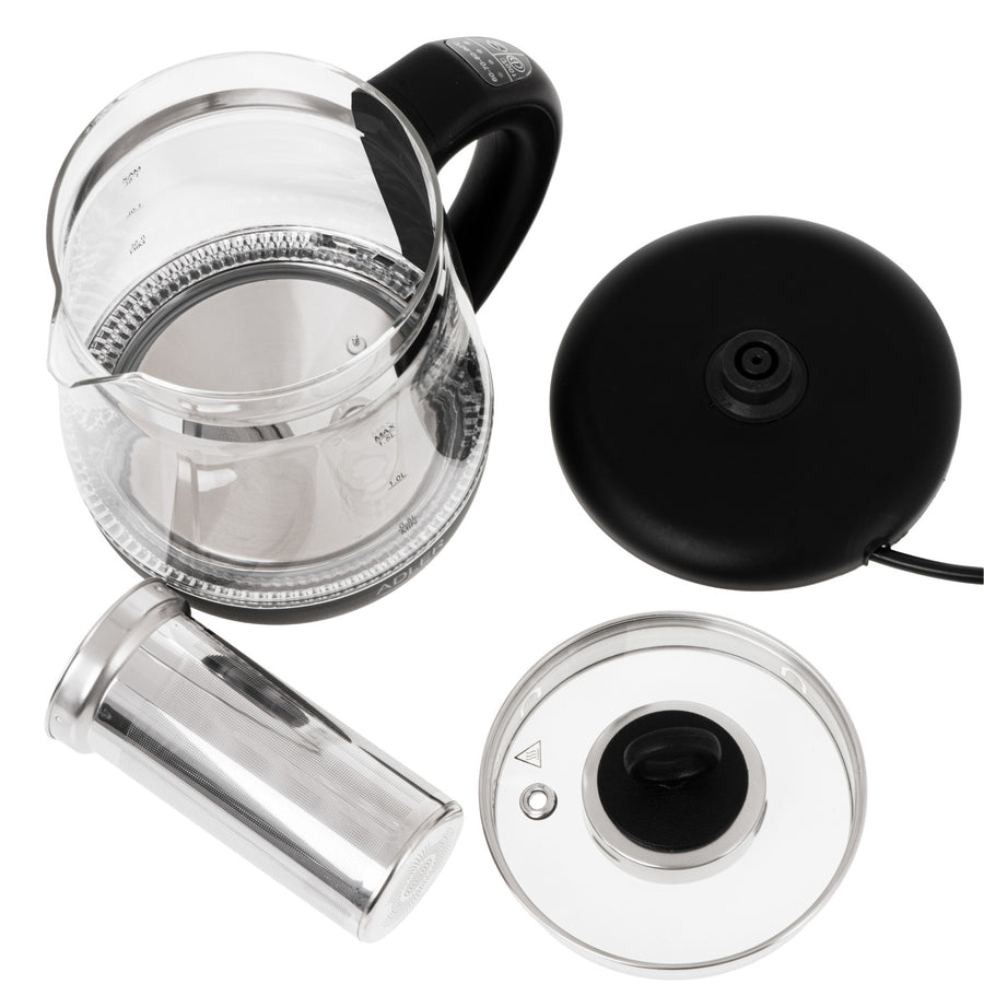 Glazen waterkoker van 1,5 l met thee-ei en temperatuurregeling, 2200 W, LED, 60–100 °C, Adler AD 1299, zwart