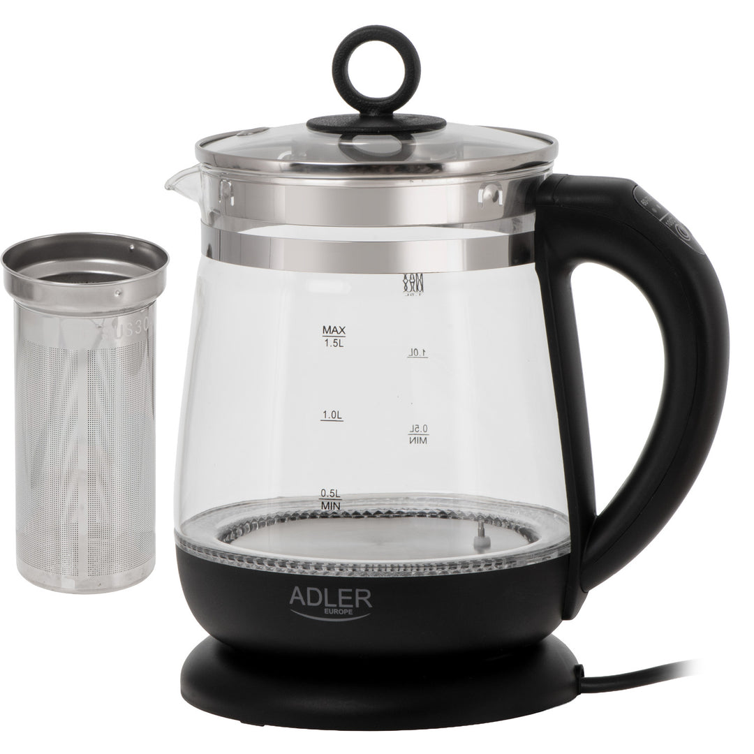 Glazen waterkoker van 1,5 l met thee-ei en temperatuurregeling, 2200 W, LED, 60–100 °C, Adler AD 1299, zwart