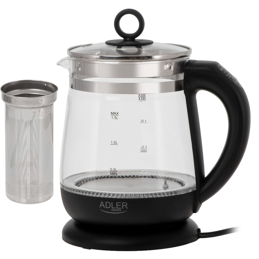 Glazen waterkoker van 1,5 l met thee-ei en temperatuurregeling, 2200 W, LED, 60–100 °C, Adler AD 1299, zwart
