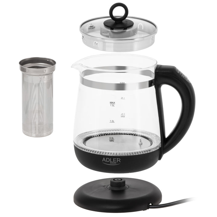 Glazen waterkoker van 1,5 l met thee-ei en temperatuurregeling, 2200 W, LED, 60–100 °C, Adler AD 1299, zwart