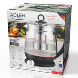 Glazen waterkoker van 1,5 l met thee-ei en temperatuurregeling, 2200 W, LED, 60–100 °C, Adler AD 1299, zwart