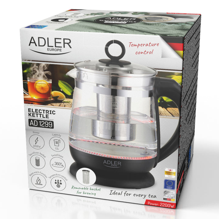 Glazen waterkoker van 1,5 l met thee-ei en temperatuurregeling, 2200 W, LED, 60–100 °C, Adler AD 1299, zwart