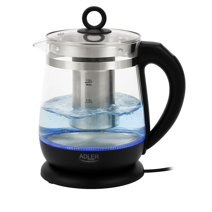 Glazen waterkoker van 1,5 l met thee-ei en temperatuurregeling, 2200 W, LED, 60–100 °C, Adler AD 1299, zwart