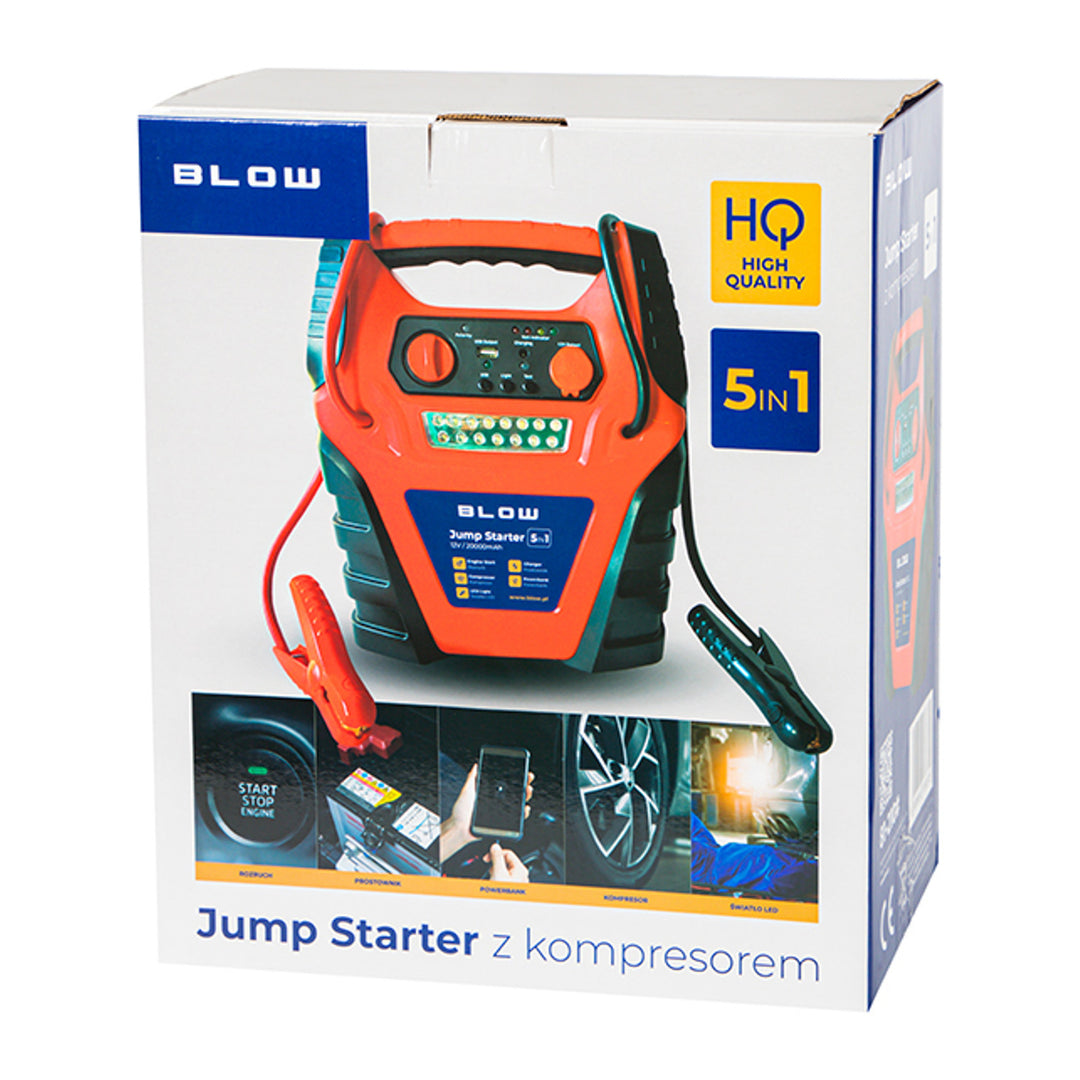 Jump Starter 5-in-1 Blow, met compressor-, acculader- en powerbankfunctie, 12V-accu van 20.000 mAh, stroom: startstroom 400 A, piekstroom 900 A, voorzien van een overbelastingsbeveiliging, 81-210#